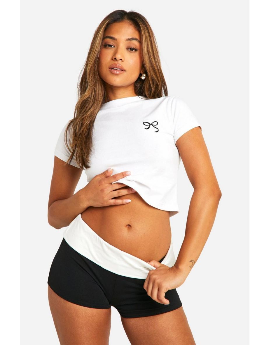 Petite Contrast Foldover Micro Shorts - black