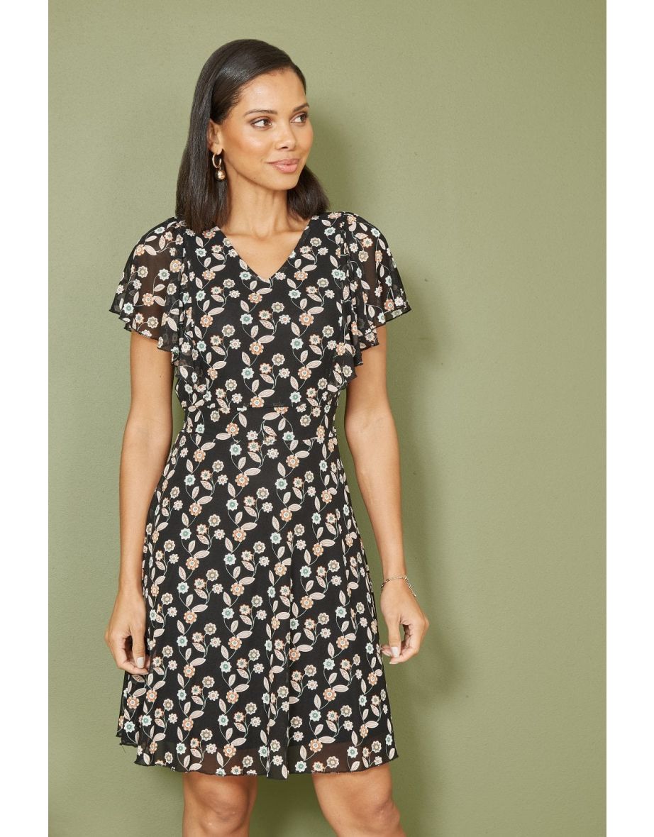 Mela Black Floral Print Wrap Over Skater Dress