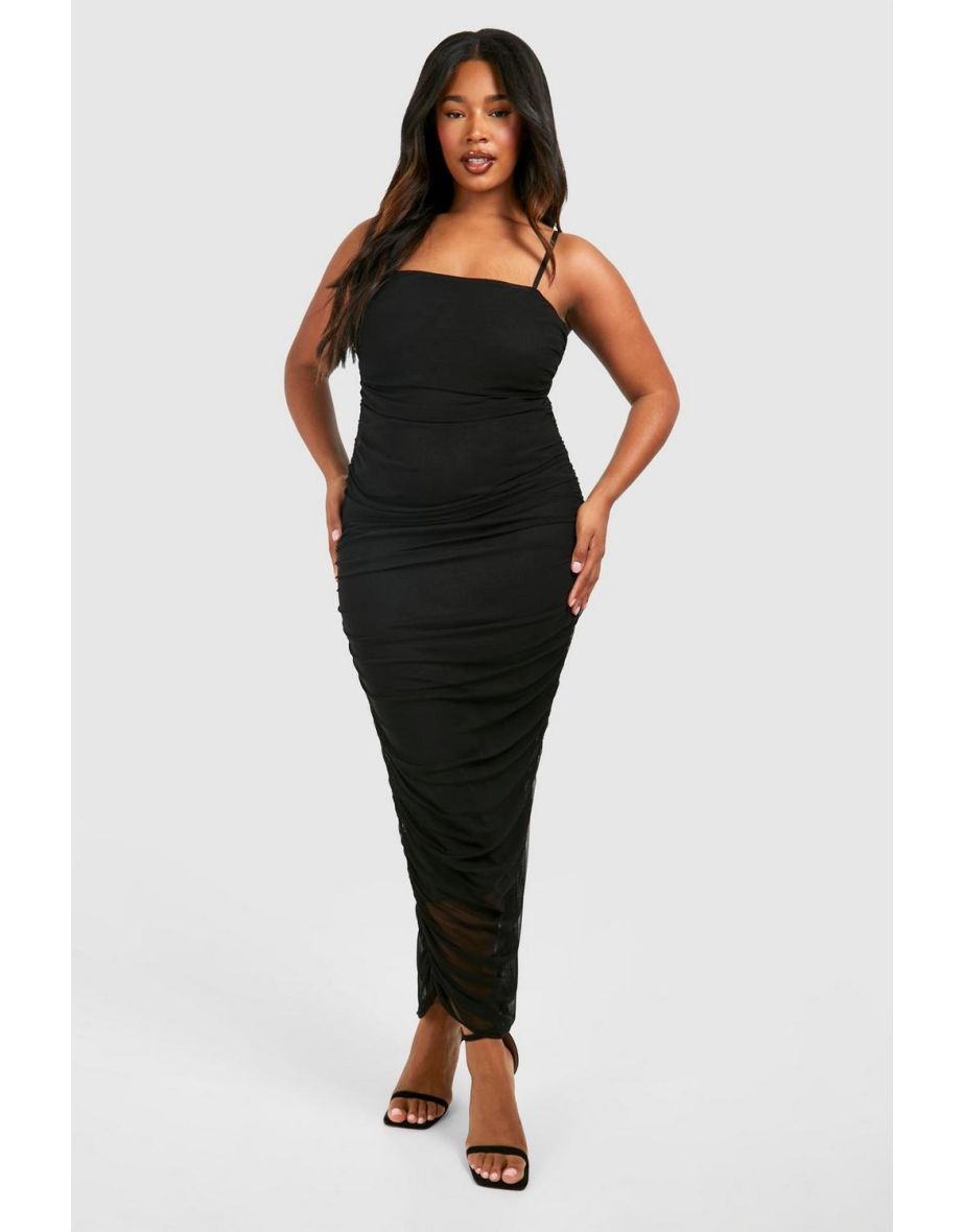 Plus Strappy Mesh Ruched Maxi Dress - black