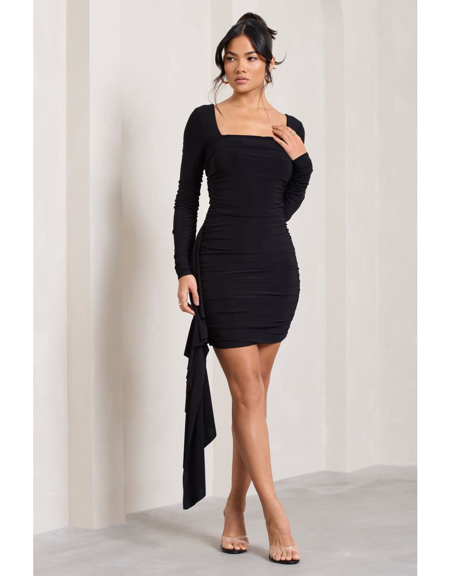 Crimson Cut | Black Long-Sleeved Ruffled Bodycon Mini Dress - 4