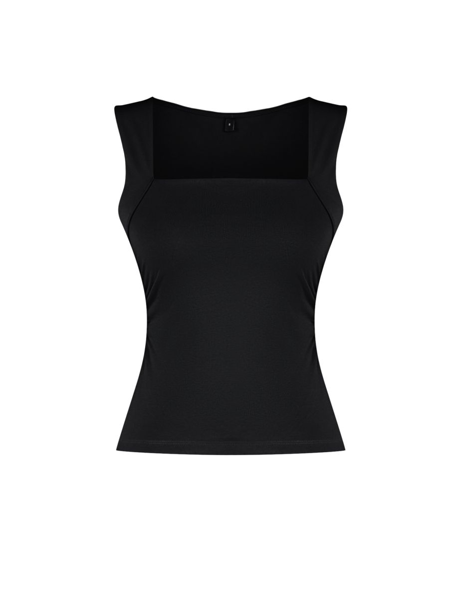 Black Plain Square Neck Strappy Gathered Knitted Top - 7