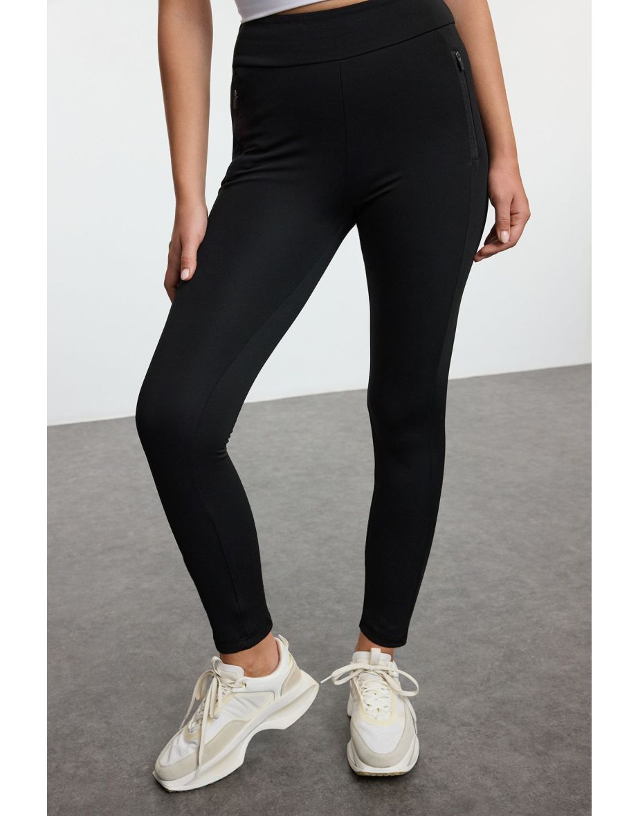 Black Brushed Soft Fabric, Fleece Inside and Zipper Pocket Detailed Knitted Full Length Sports Tights - 4