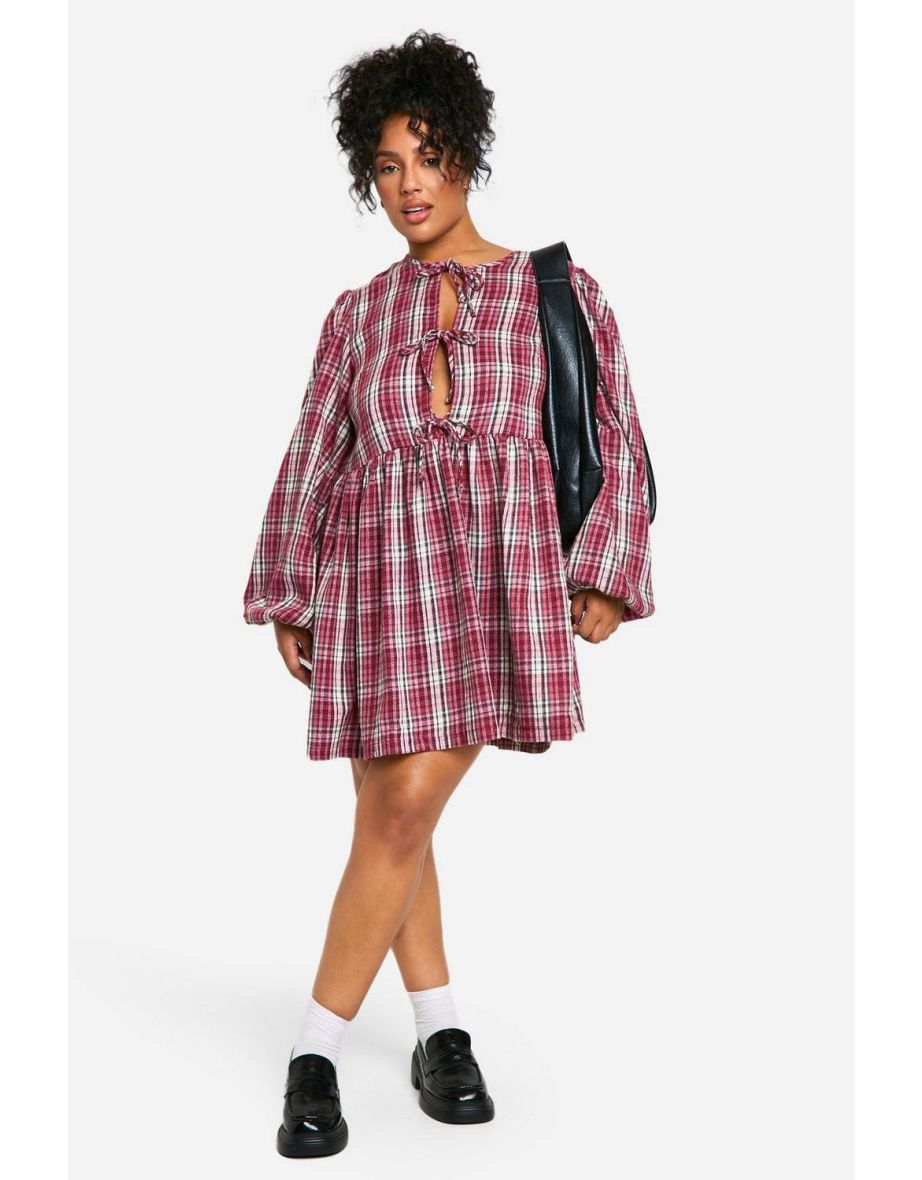 Plus Check Tie Front Check Smock Dress - red