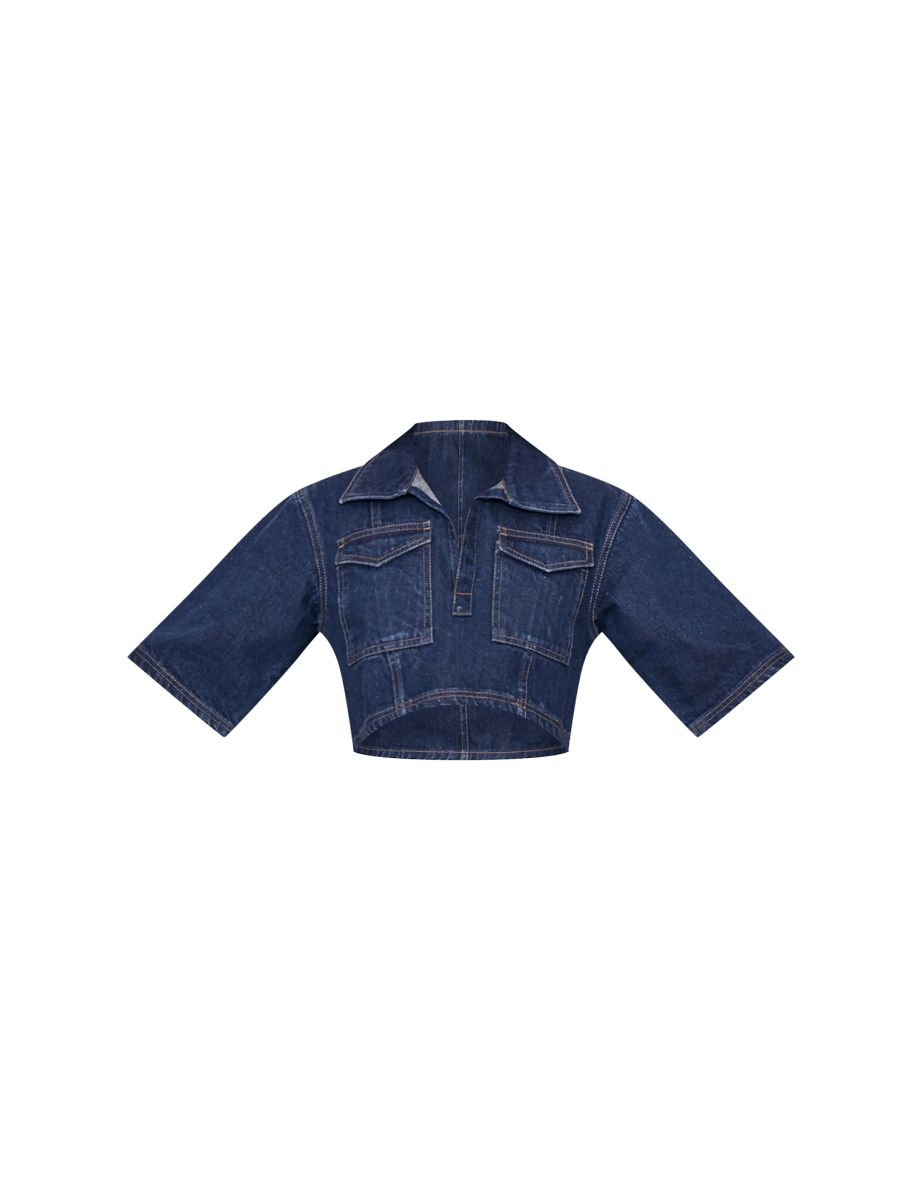 Indigo Contrast Stitch Cropped Denim Shirt - 4