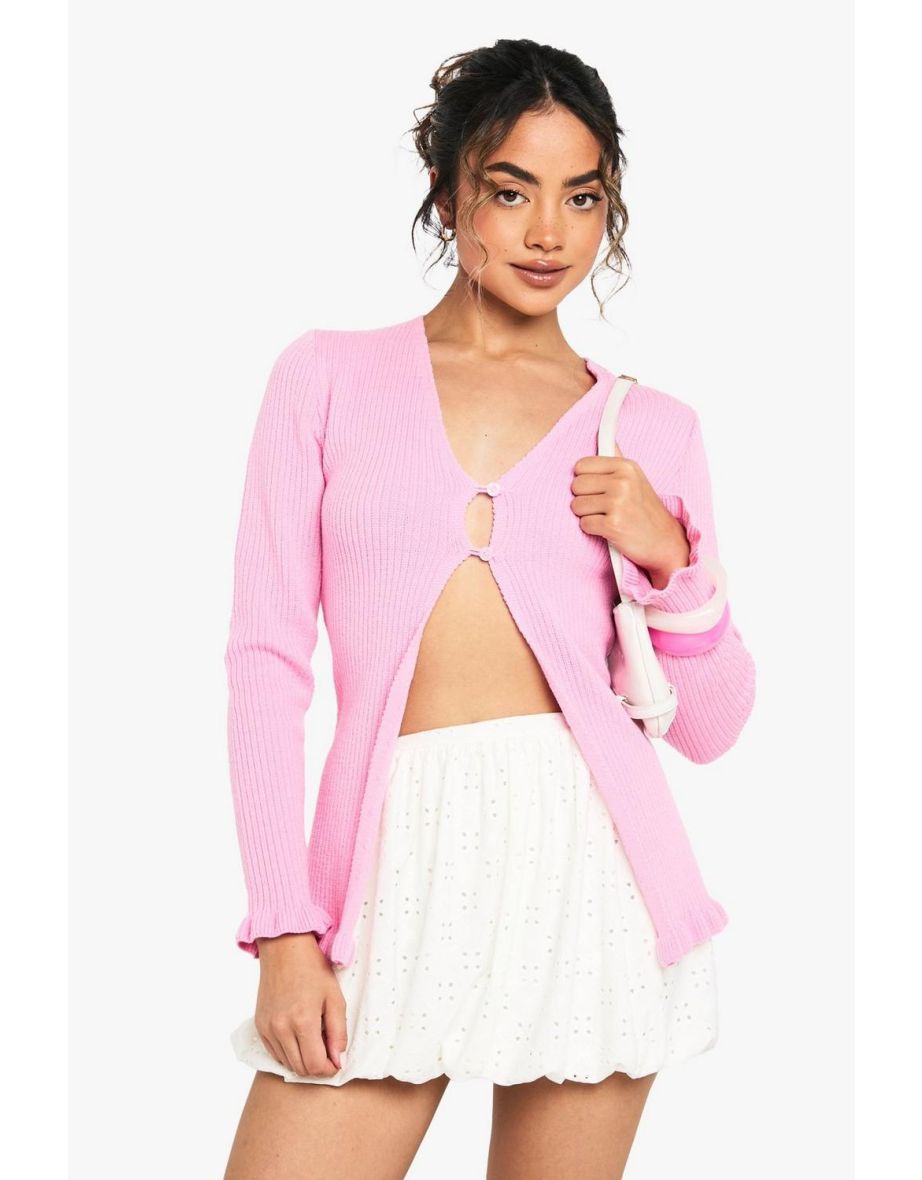 Soft Knit Lettuce Hem Button Cardigan - pink
