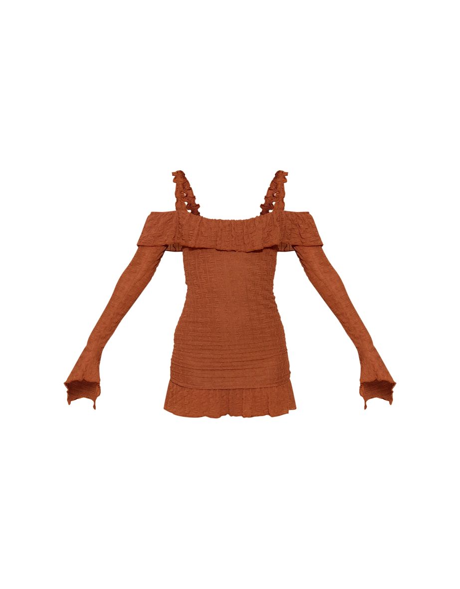 Chocolate Textured Bardot Frill Hem Bodycon Dress - 4