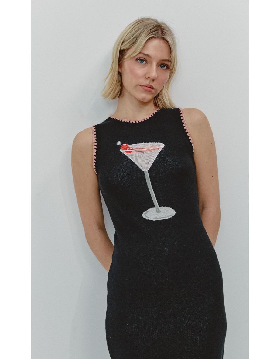 Black Martini Embroidered Knit Midi Dress - 2