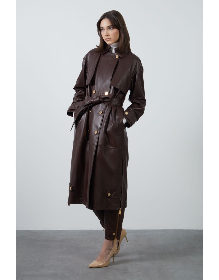 Brown Long Leather Jacket with Side Zippers