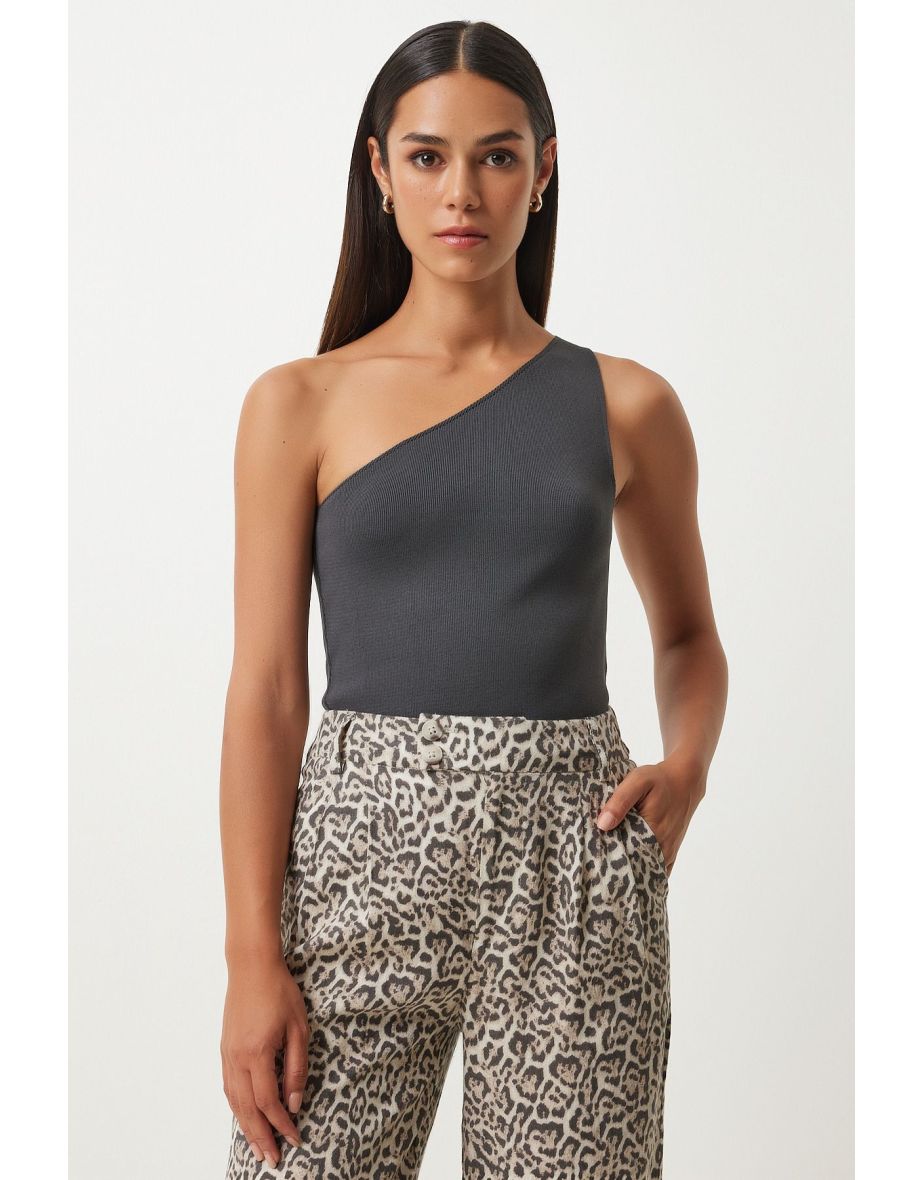 Women's Anthracite One Shoulder Wrap Knit Top