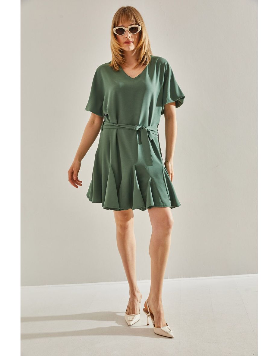Women's Green Ruffle Detailed V-Neck Belted Dress