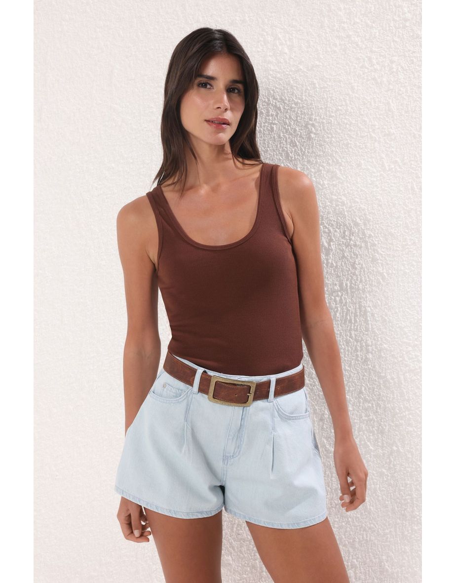 Brown Fitted/Body Fitted Pool Collar Elastic Knitted Tank Top