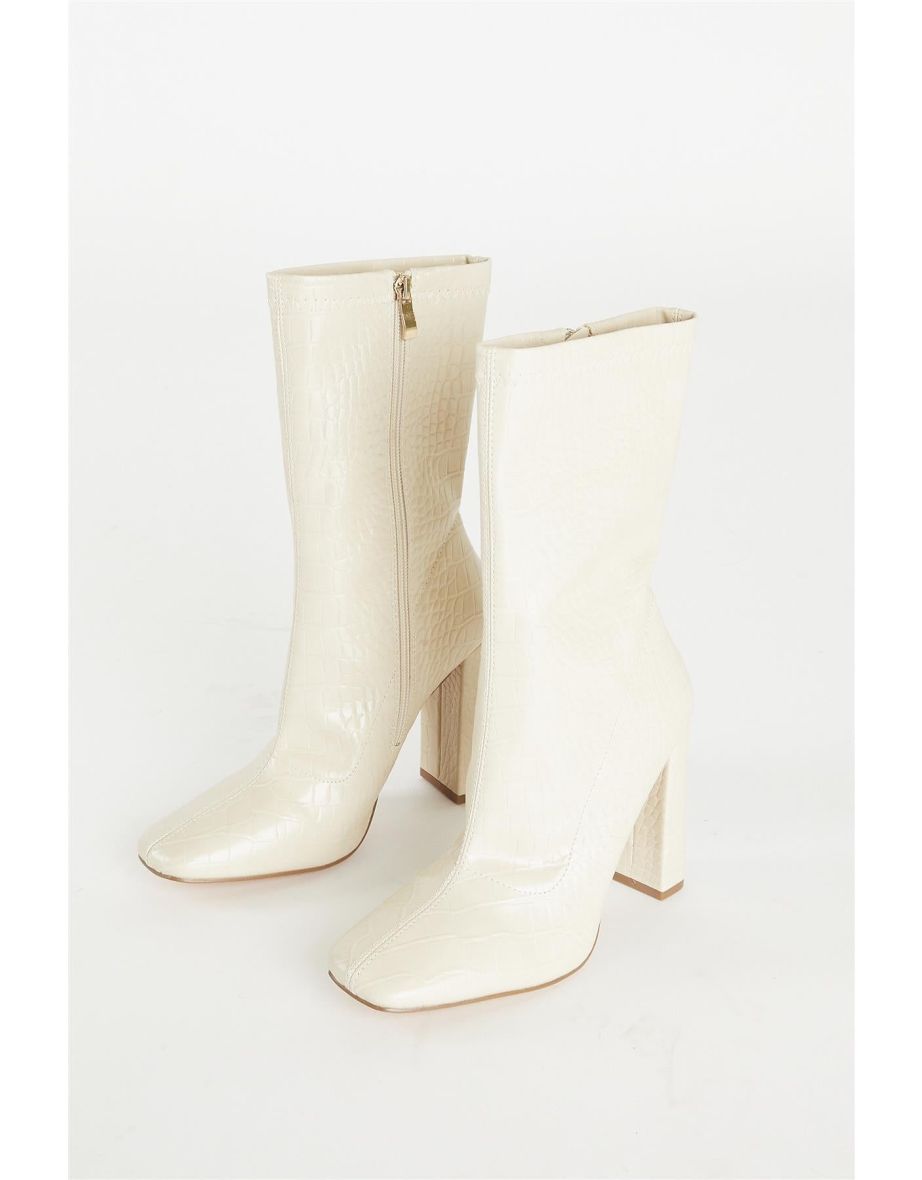Nude Croc Print Calf High Heeled Boot