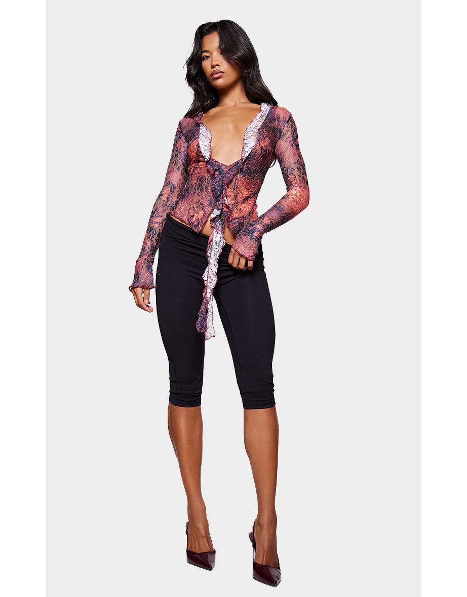 Purple Lace Print Ruffle Drape Long Sleeve Top