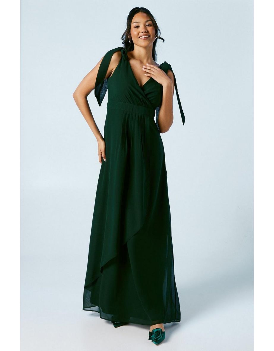 Tie Shoulder Waterfall Wrap Chiffon Bridesmaids Floor Length Dress