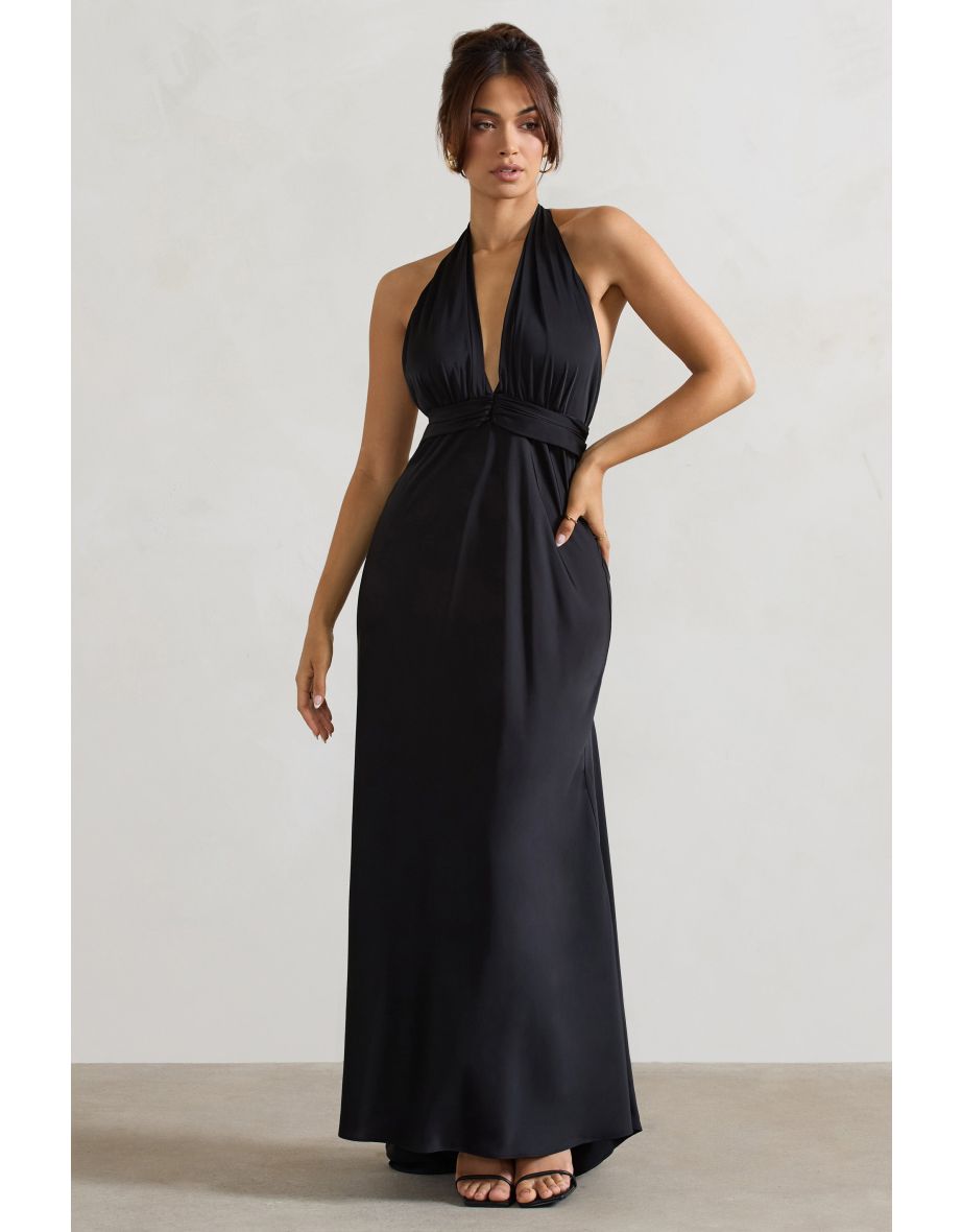 Carolyn | Black Satin Plunge Floor Dress With Dipped Hem - 4