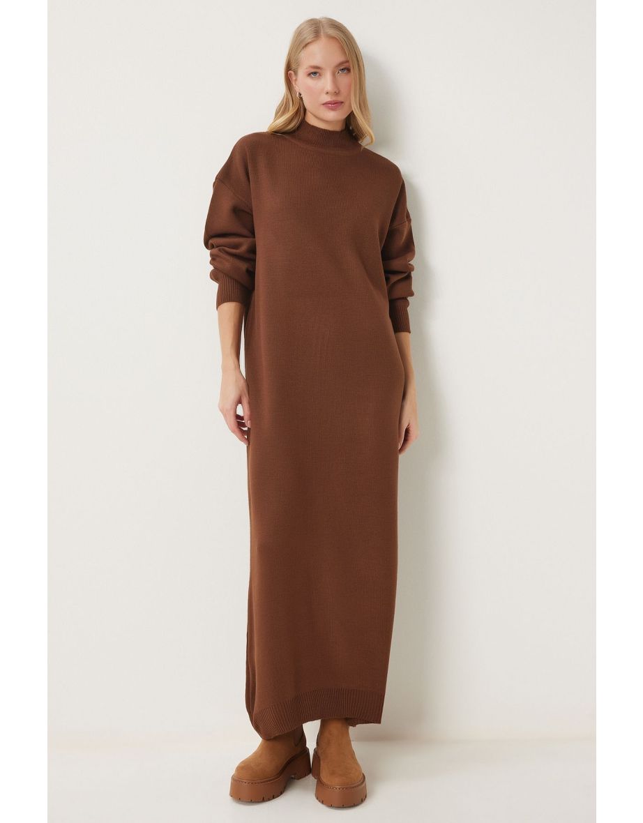 Women's Brown Turtleneck Long Knit Dress