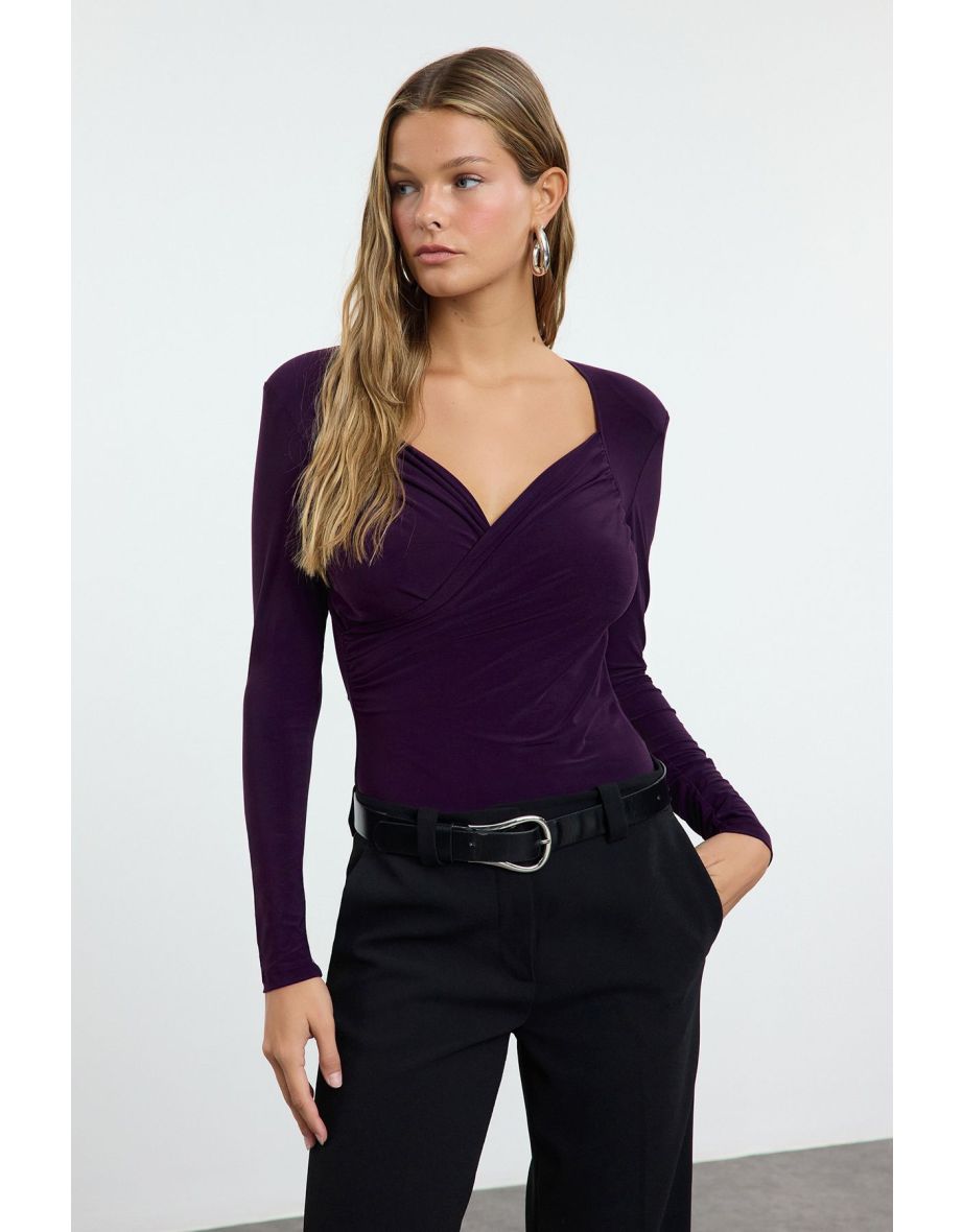Plum Padded Drape Detailed Fitted Flexible Snap Fastener Knitted Body