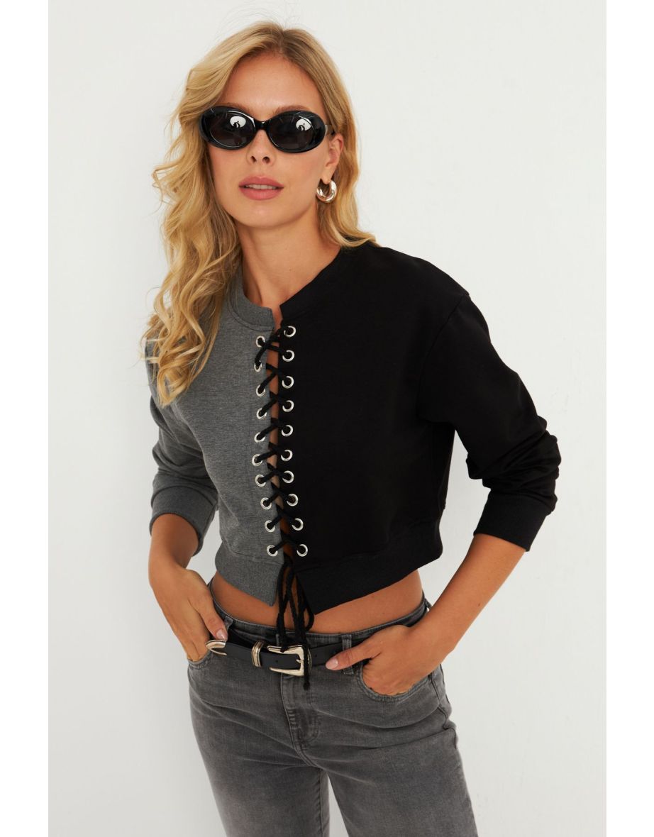 Women's Anthracite-Black Eyelet Short Sweatshirt