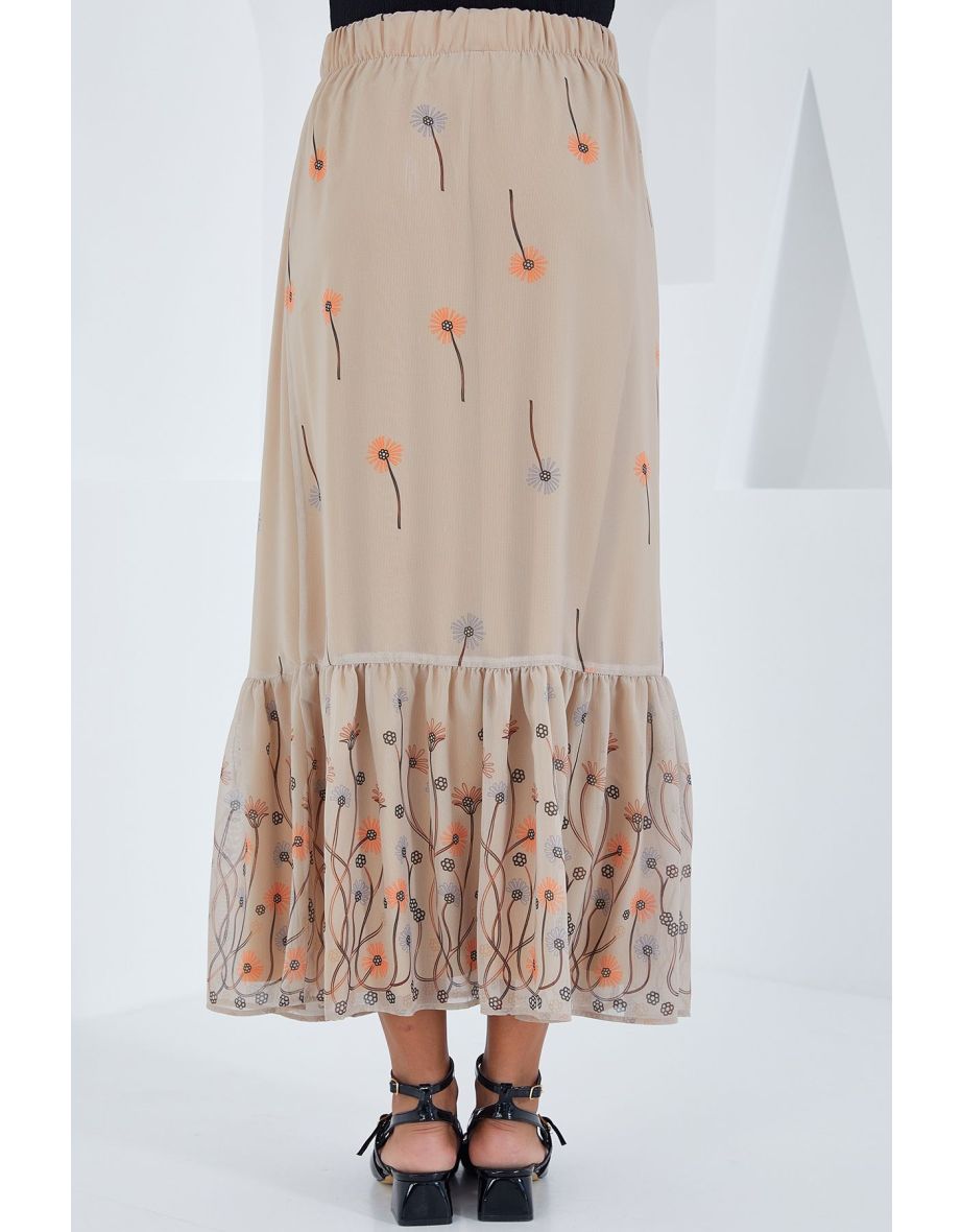 Women's Cream Patterned Chiffon Skirt - 4