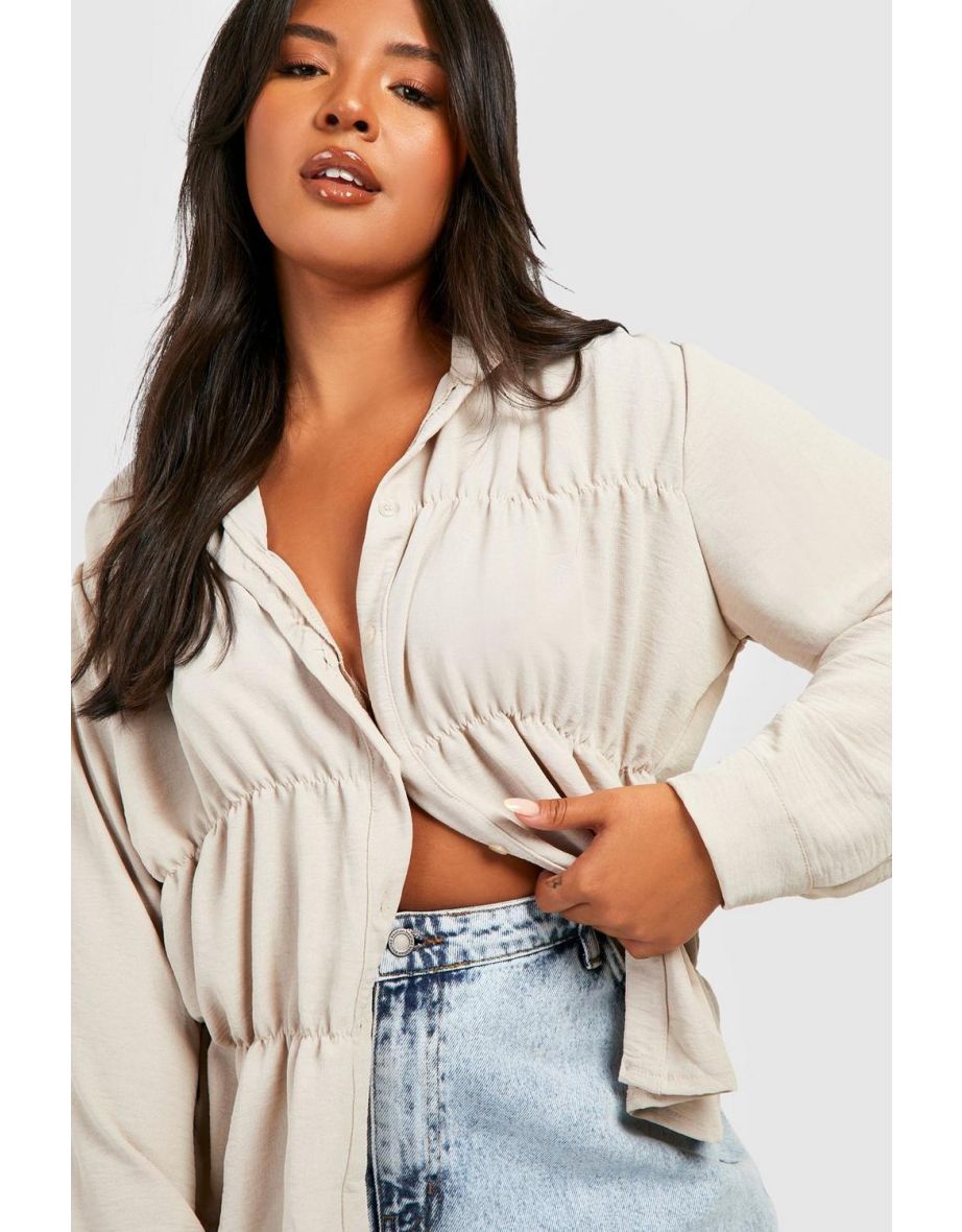 Plus Crinkle Textured Tiered Shirt Blouse - stone