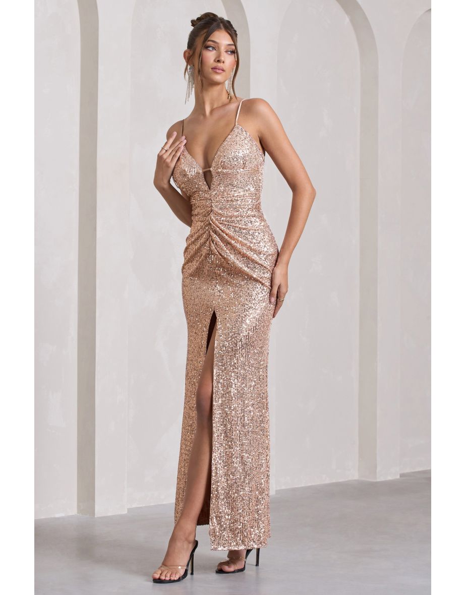 Enchanting | Champagne Sequin Open-Back Fishtail Maxi Dress With Split - 4