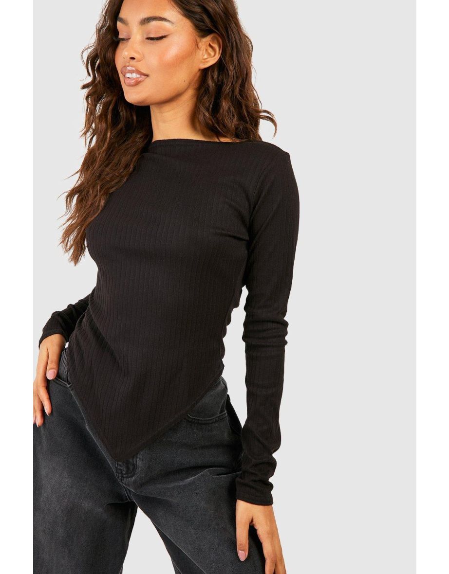 Slash Neck Pointed Hem Long Sleeve Top
