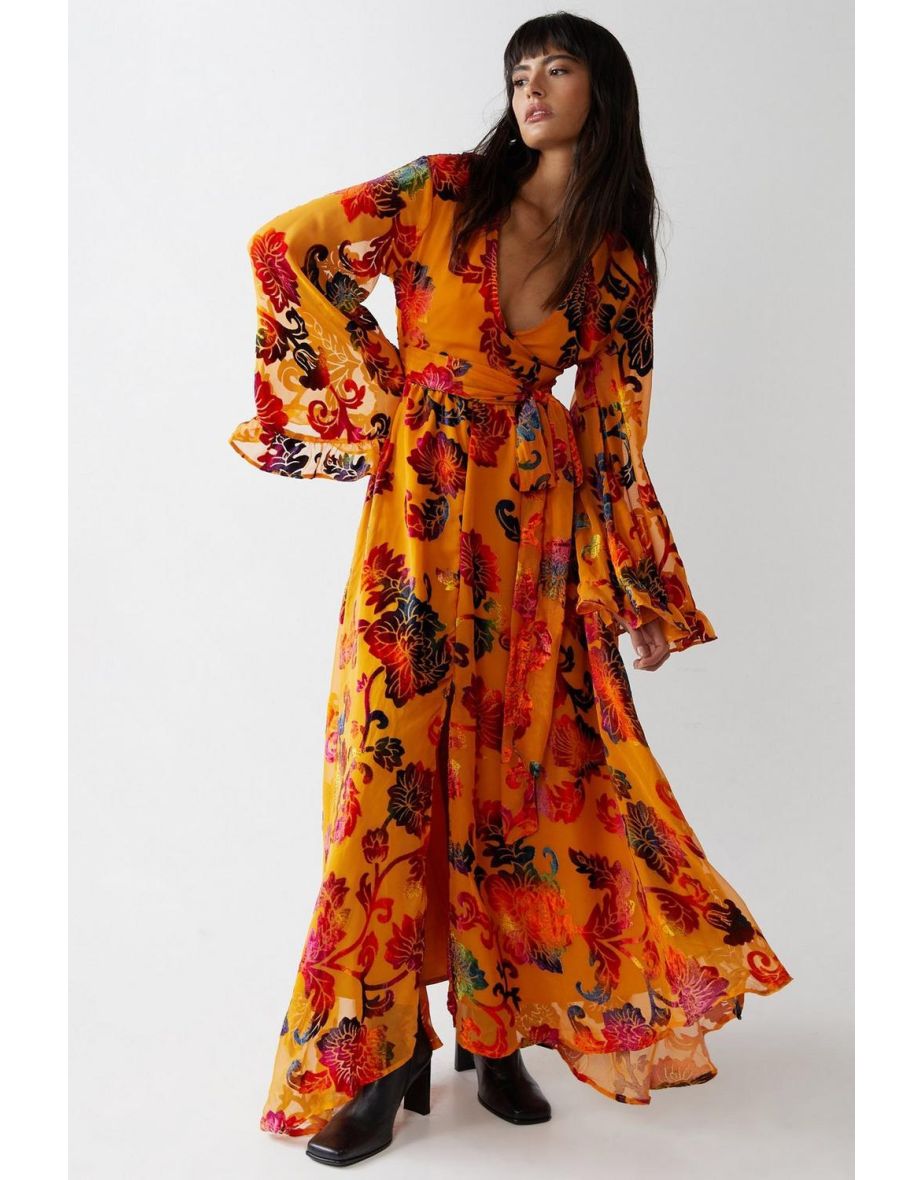 Flared Sleeve Devore Tie Belted Maxi Dress