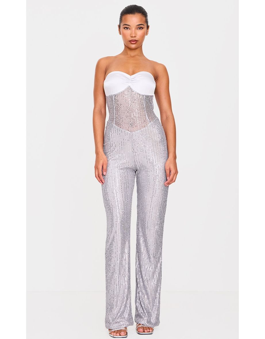 Silver Sequin Bandeau Sheer Panel Jumpsuit