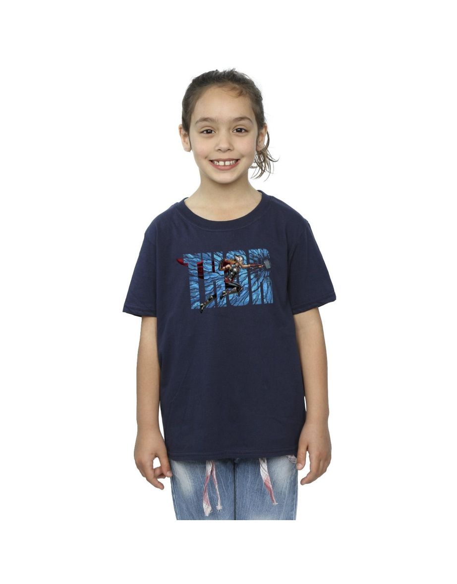 Marvel Girls Thor Love And Thunder Smash Cotton T-Shirt - Navy Blue