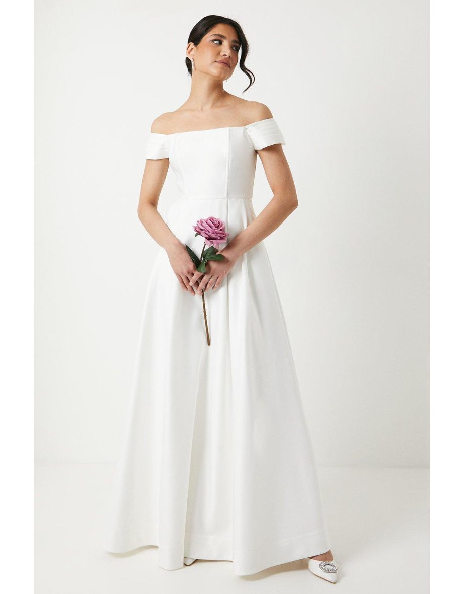 Structured Satin Bardot Full Skirted Wedding Dress
