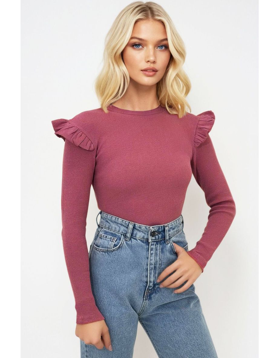 Women's Dusty Rose Half Turtleneck Sweater with Ruffled Shoulders