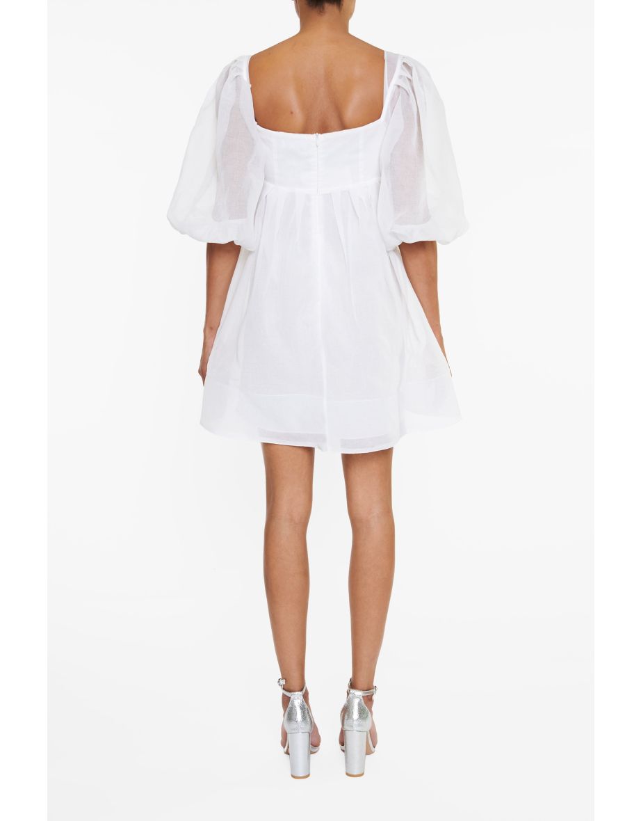 Sabrina White Puff-Sleeve Babydoll Mini-Dress - 2