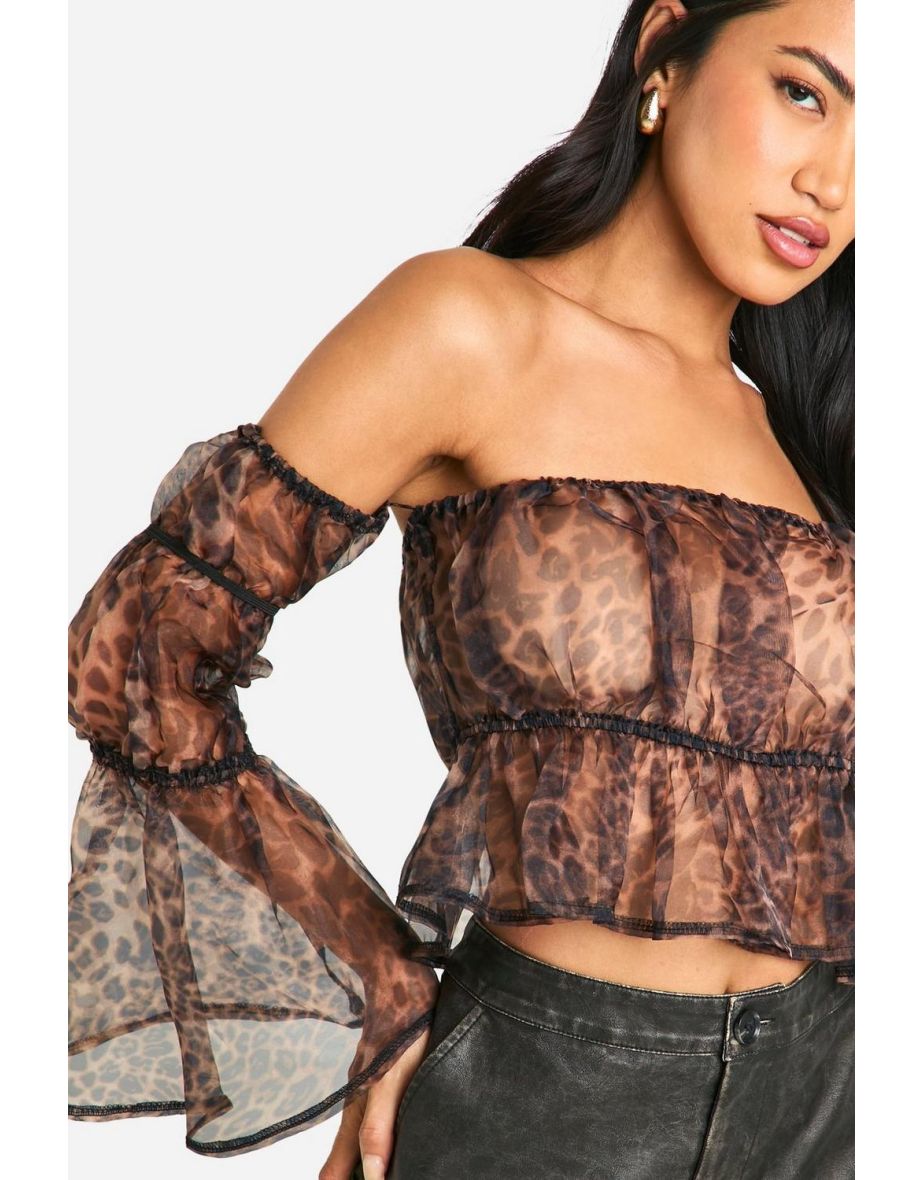 Organza Leopard Print Bardot Crop Smock Top - leopard - 3