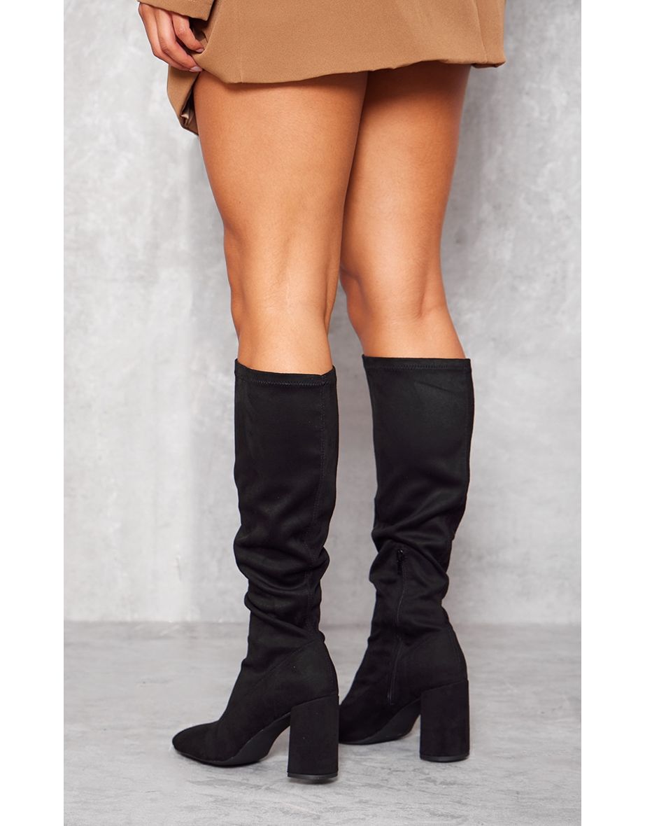 Black Faux Suede Round Toe Over The Knee Sock Boots - 3