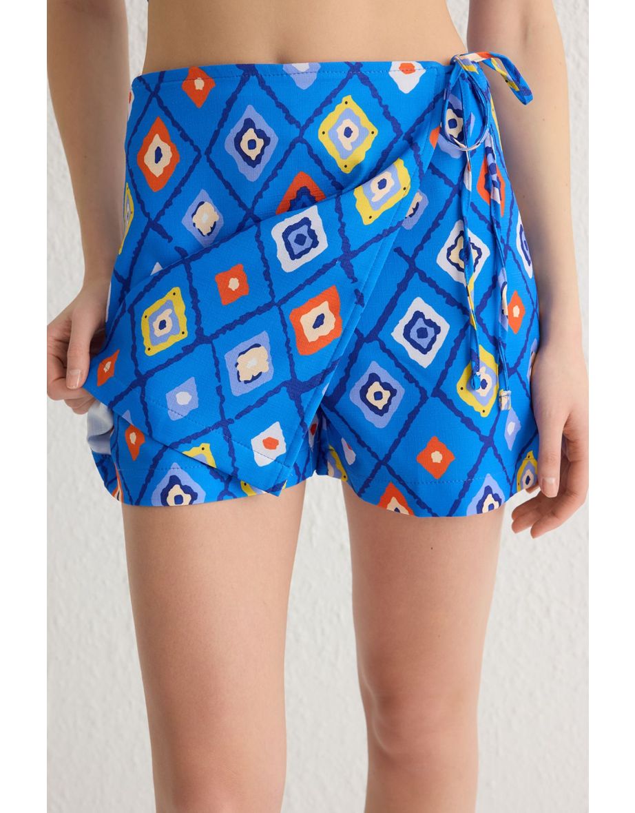 Dark Blue Halter Neck Woven Blouse and Mini Shorts Skirt Patterned Woven Bottom-Top Set - 4
