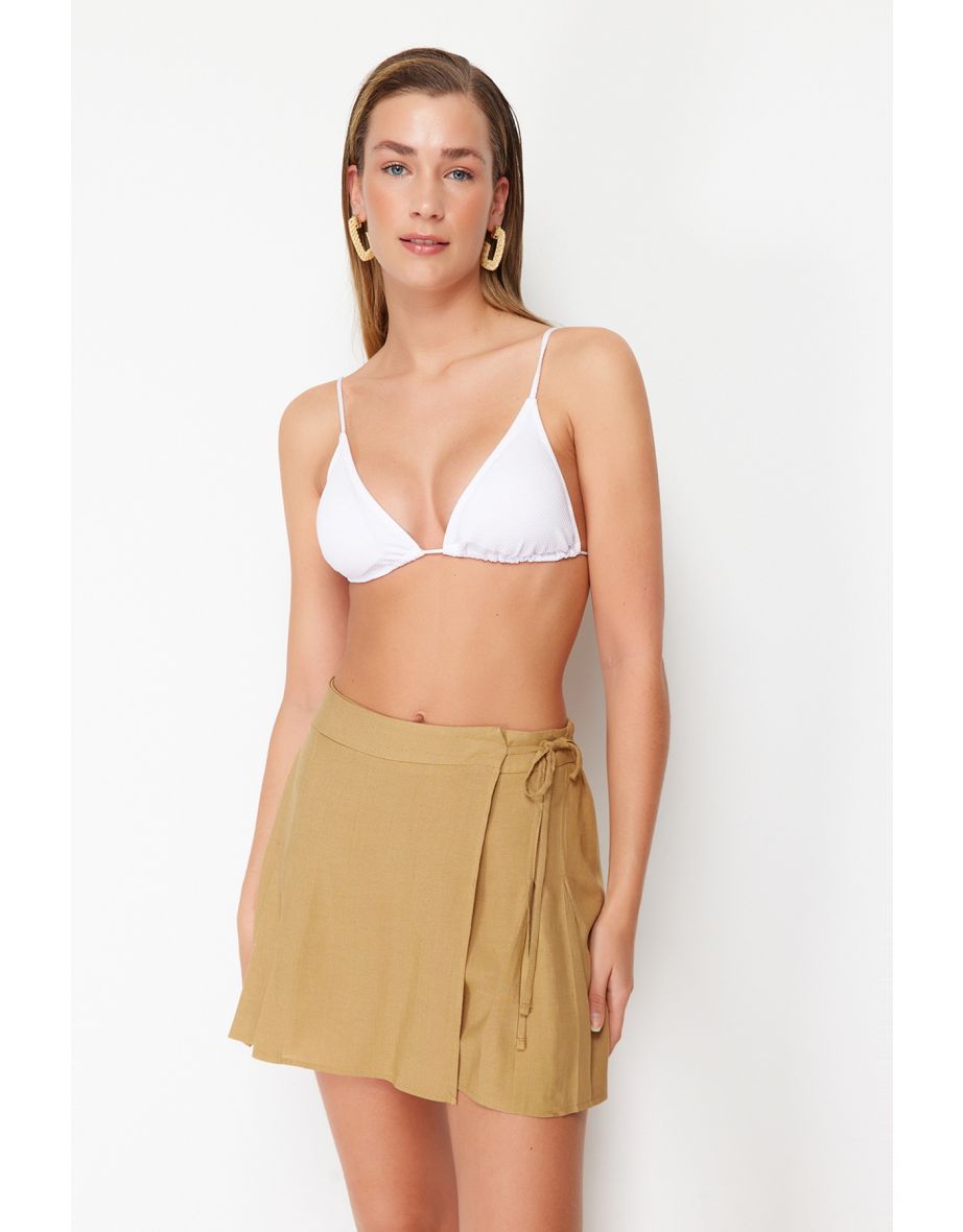 Beige Woven Slit Linen Blended Shorts Skirt