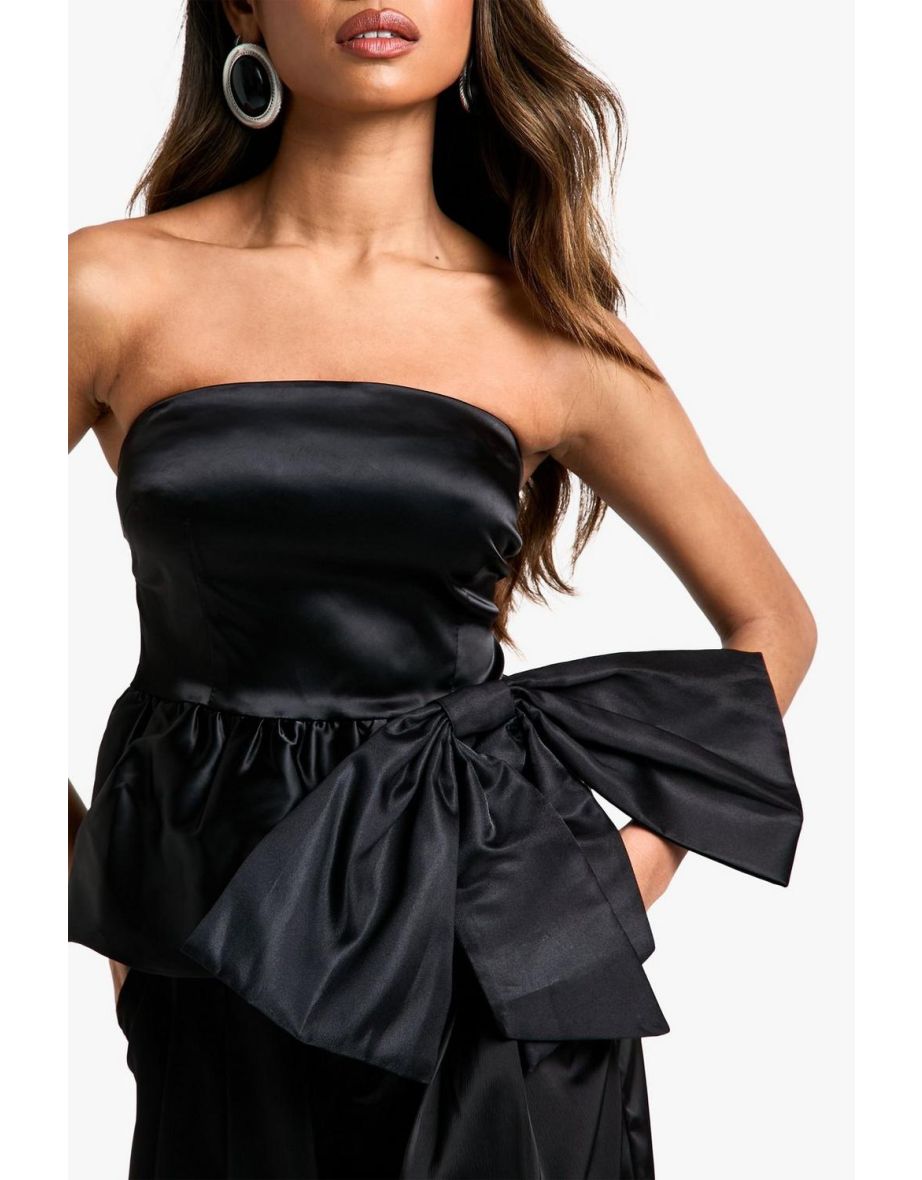 Satin Bandeau Bow Detail Puffball Top - black - 3