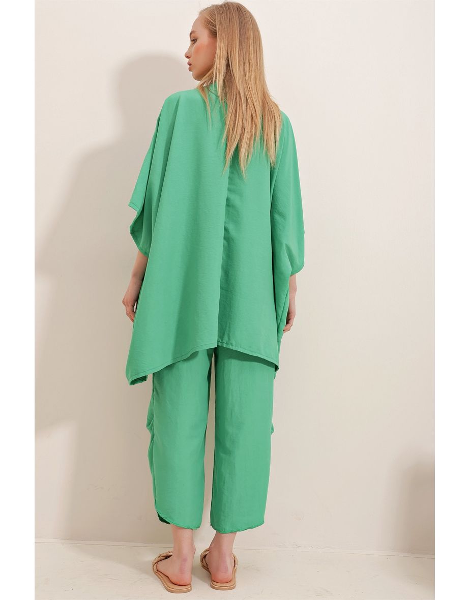 Women's Green With Slit Legs, Textured Trousers and a Jacket Double Suit - 4