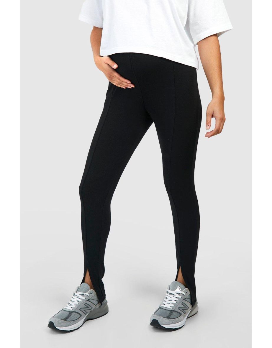 Maternity Cotton Rib Split Hem Leggings - black - 3