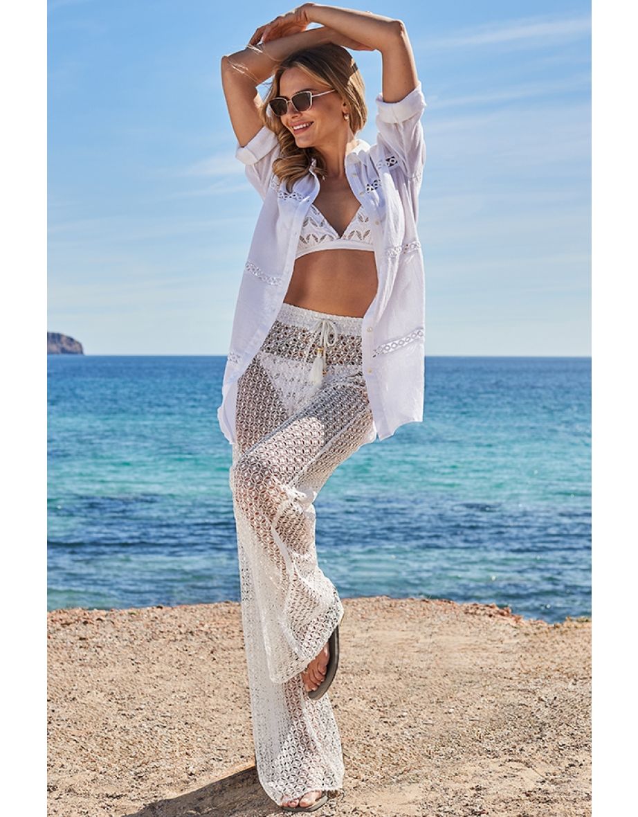 White Crochet Wide Leg Beach Trousers - 4