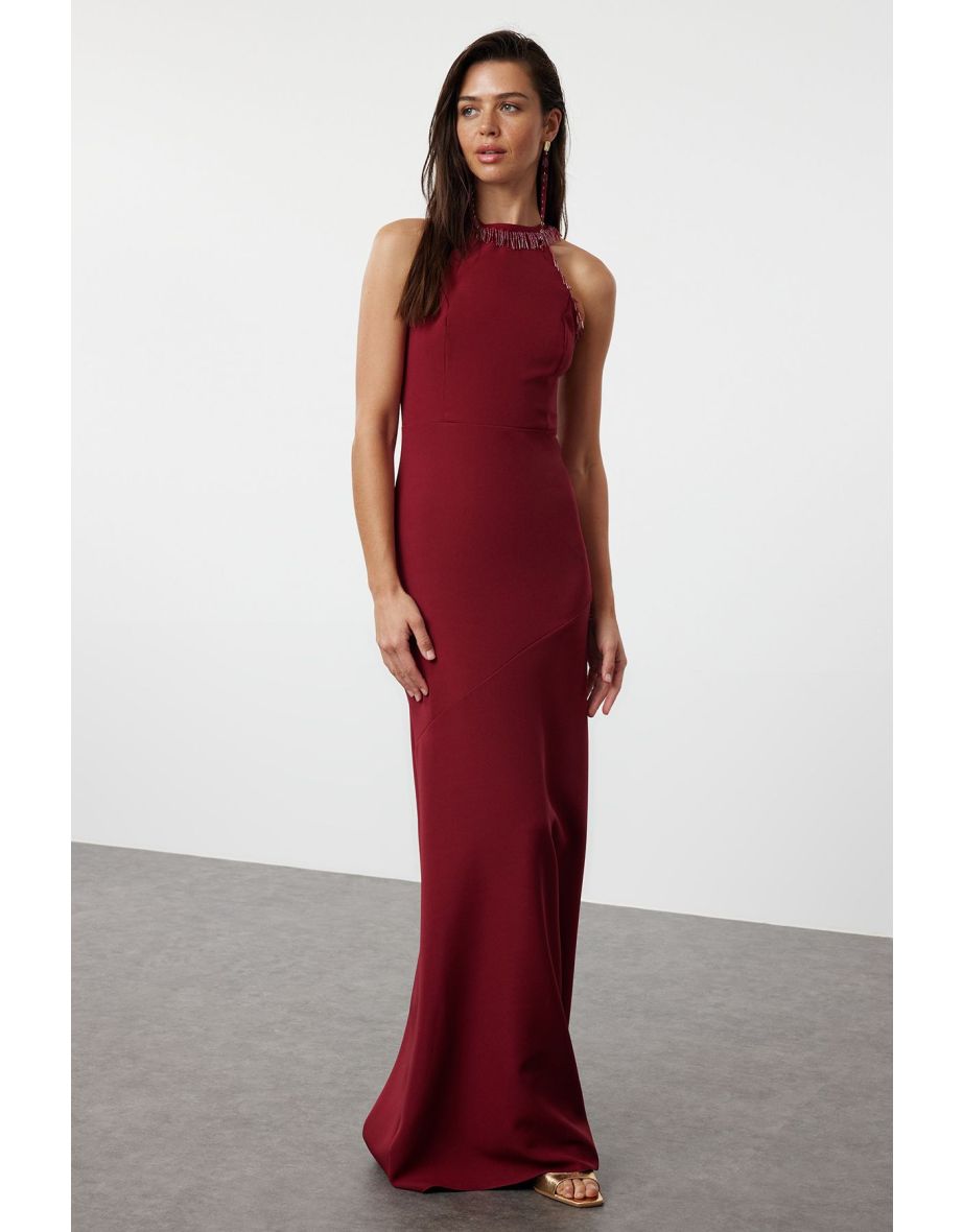 Burgundy Fitted Woven Shiny Stone Long Evening Dress