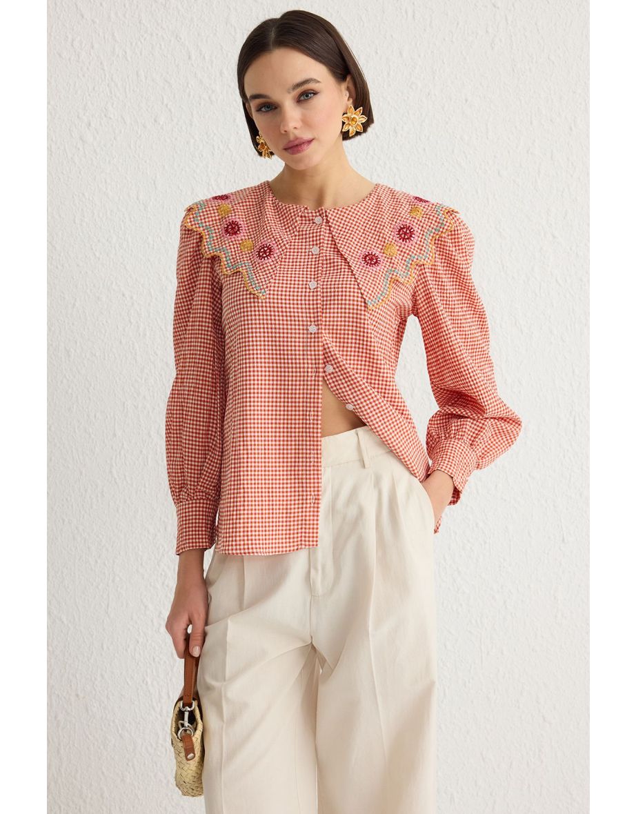 Claret Red Embroidery Detail Gofre Fabric Regular Shirt