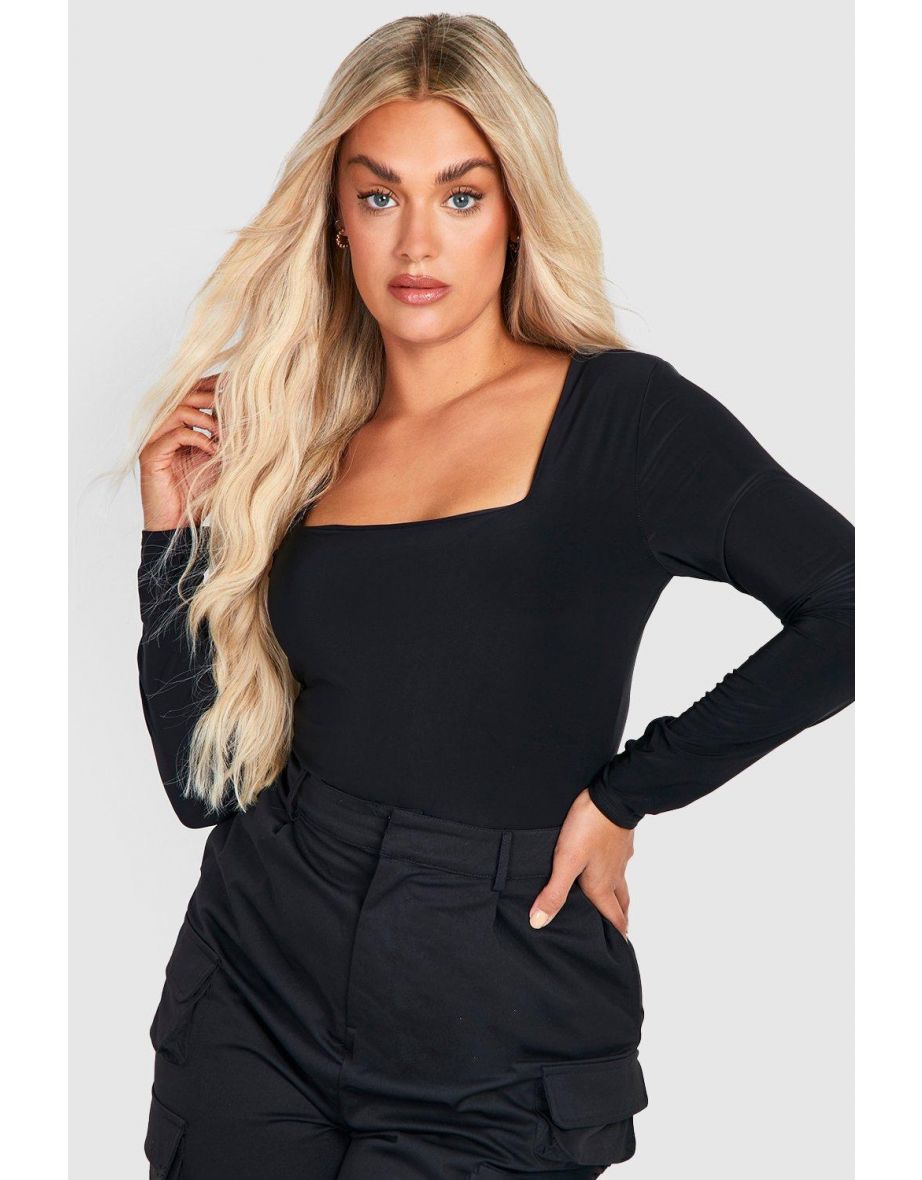 Plus Double Layer Slinky Square Neck Bodysuit - black