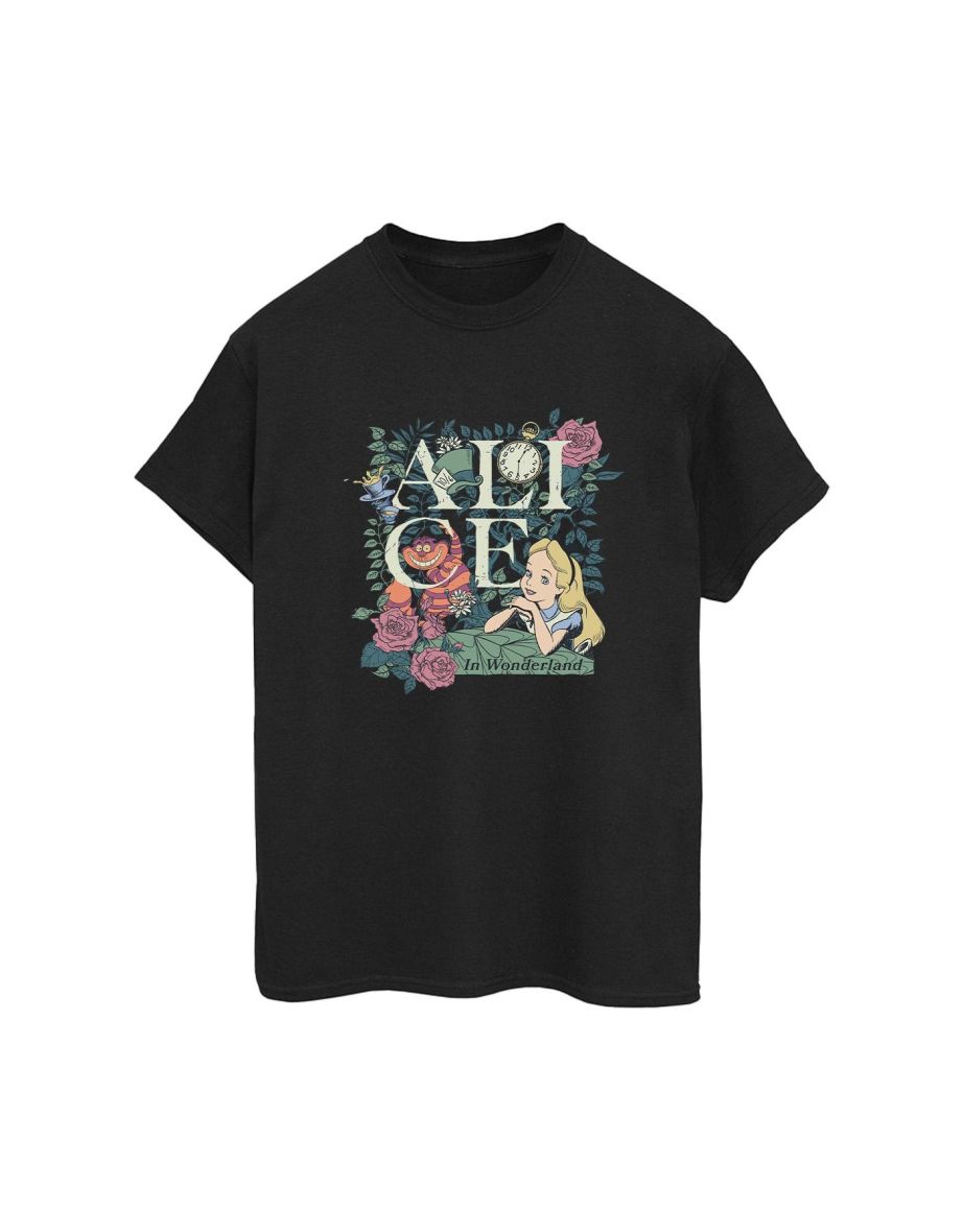 Disney Womens/Ladies Alice In Wonderland Leafy Garden Cotton Boyfriend T-Shirt - Black