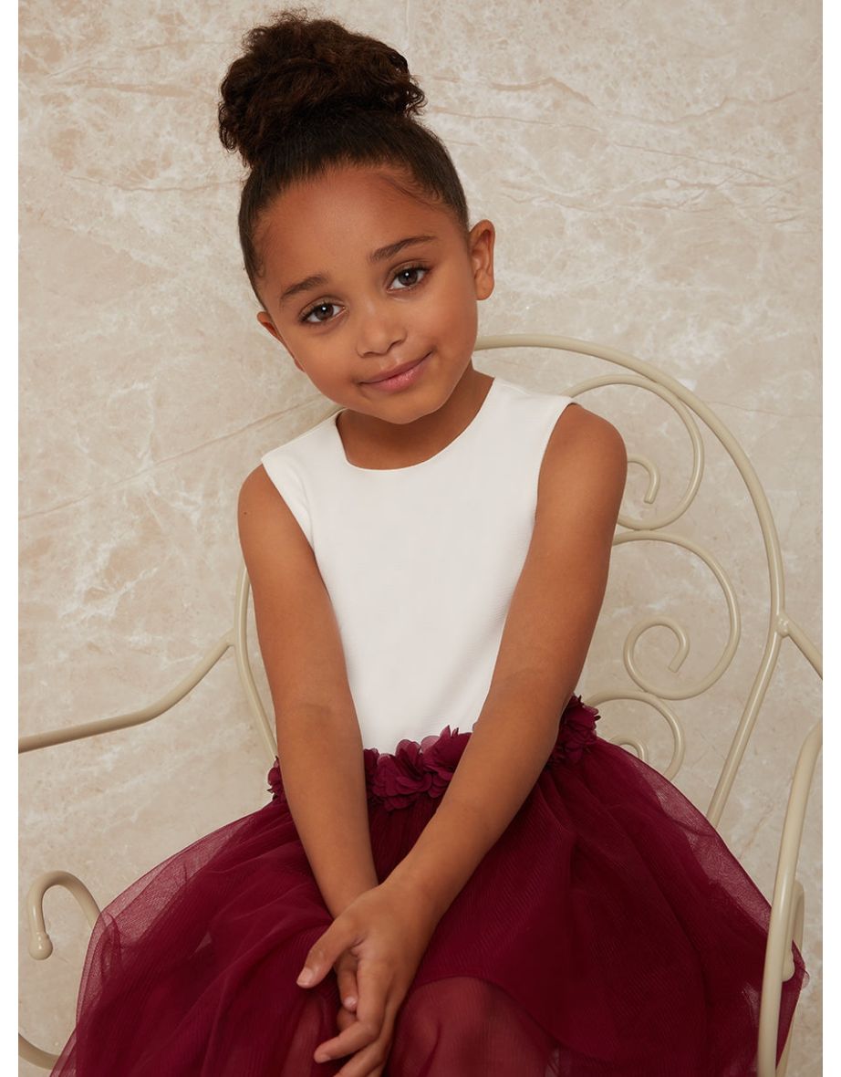 Girls Contrast 3D Floral Tutu Dress in Berry - 3