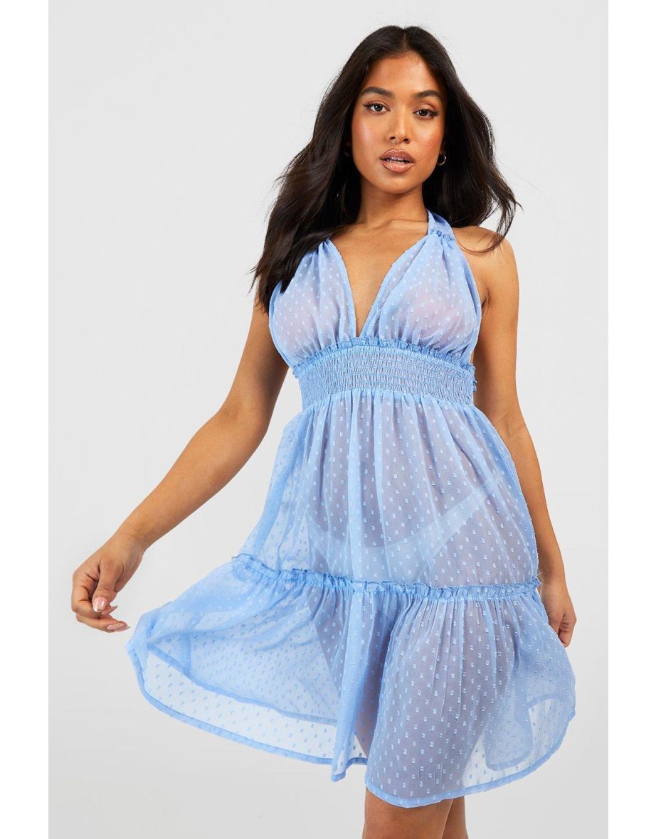 Petite Dobby Chiffon Halterneck Tie Tiered Beach Dress - duck egg blue