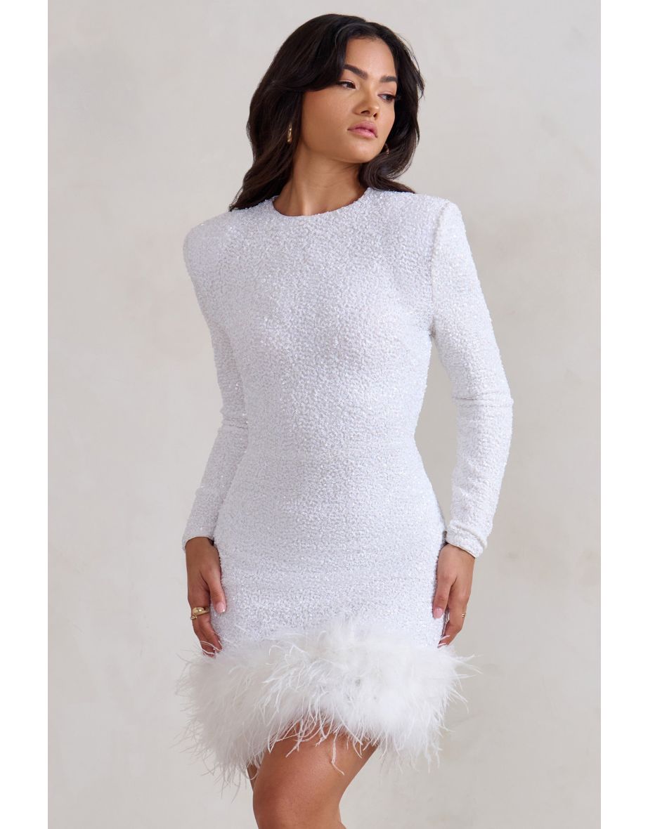 Fabiurt Ruched Bodycon Dress Women Long Sleeve Sequins Glitter Dress Party  Mini Short Dress for Women,White 