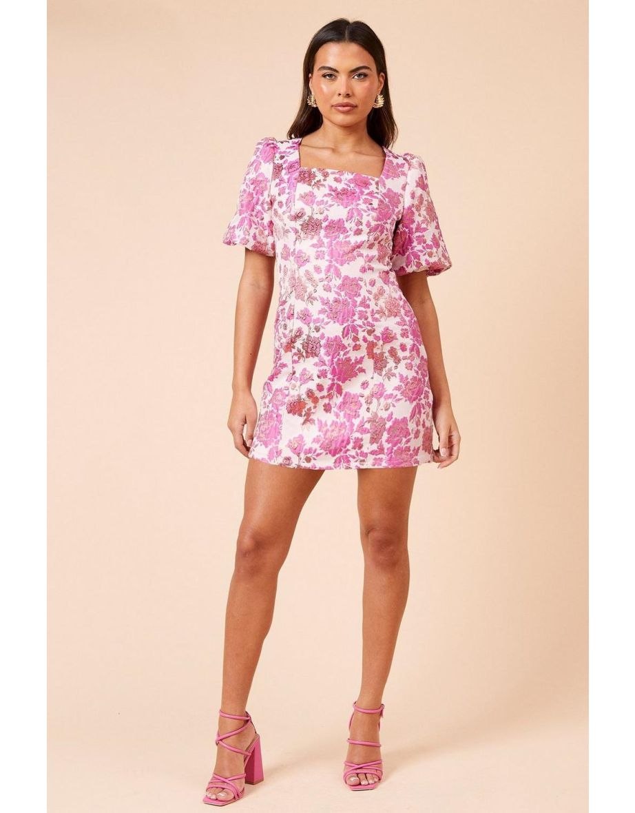 DP Luxe Pink Floral Jacquard Square Neck Mini Dress
