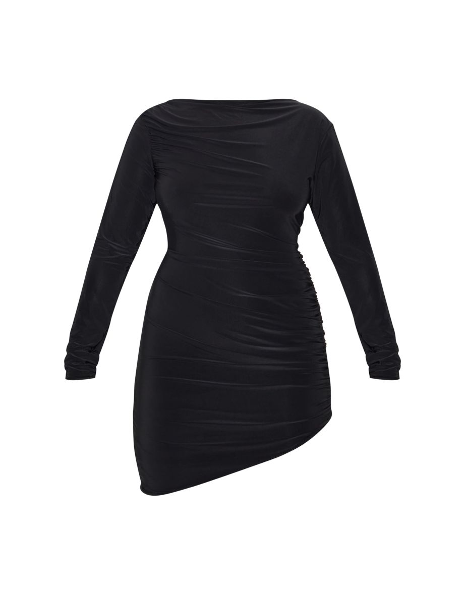 Plus Black Double Layer Slinky Ruched Long Sleeve Mini Dress - 4