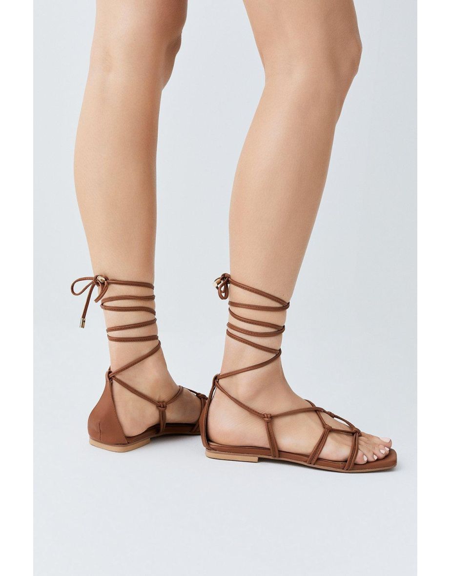 Leather Ghille Tie Flat Sandals
